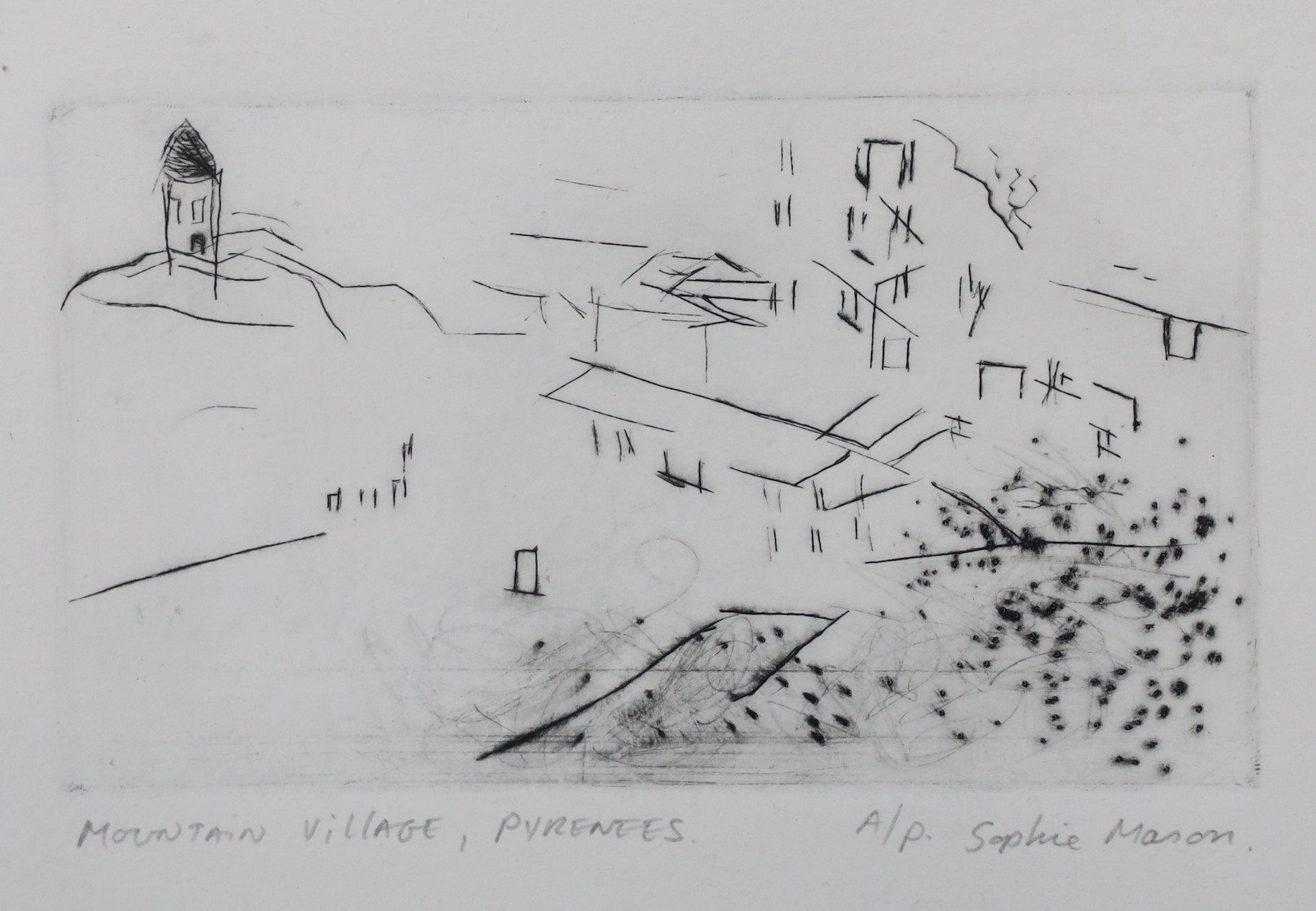 Sophie Mason (contemporary), artist proof etching, Mountain village, Pyrenees, signed and titled in pencil, 8 x 14cm